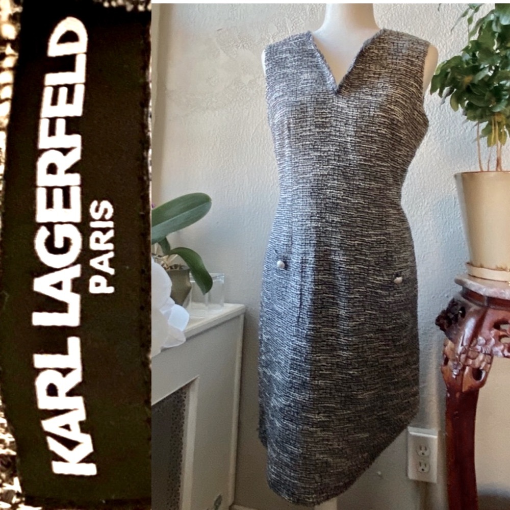 Karl Lagerfeld Tweed Knit Dress with Pearl Pockets